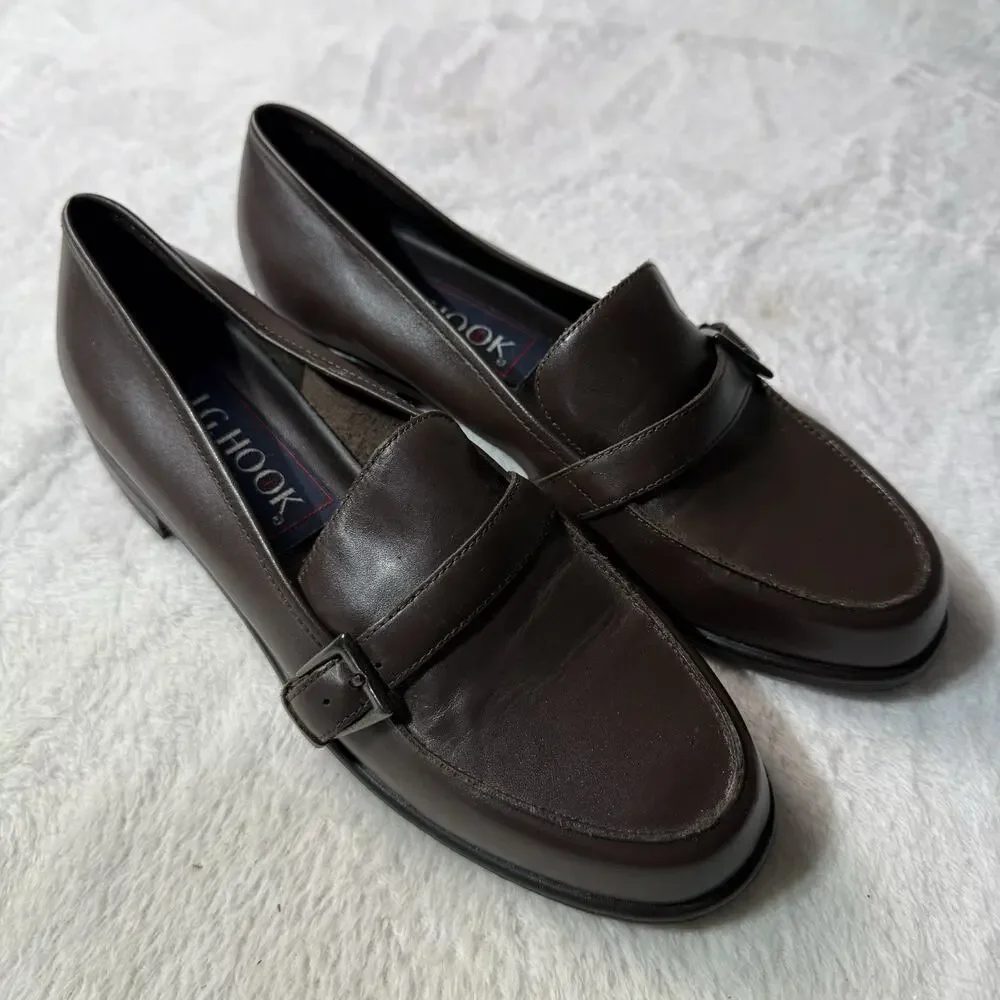 Vtg Loafers Womens 8 PREPPY Brown Soft Leather Classic Y2K Buckle Slip On Shoes
